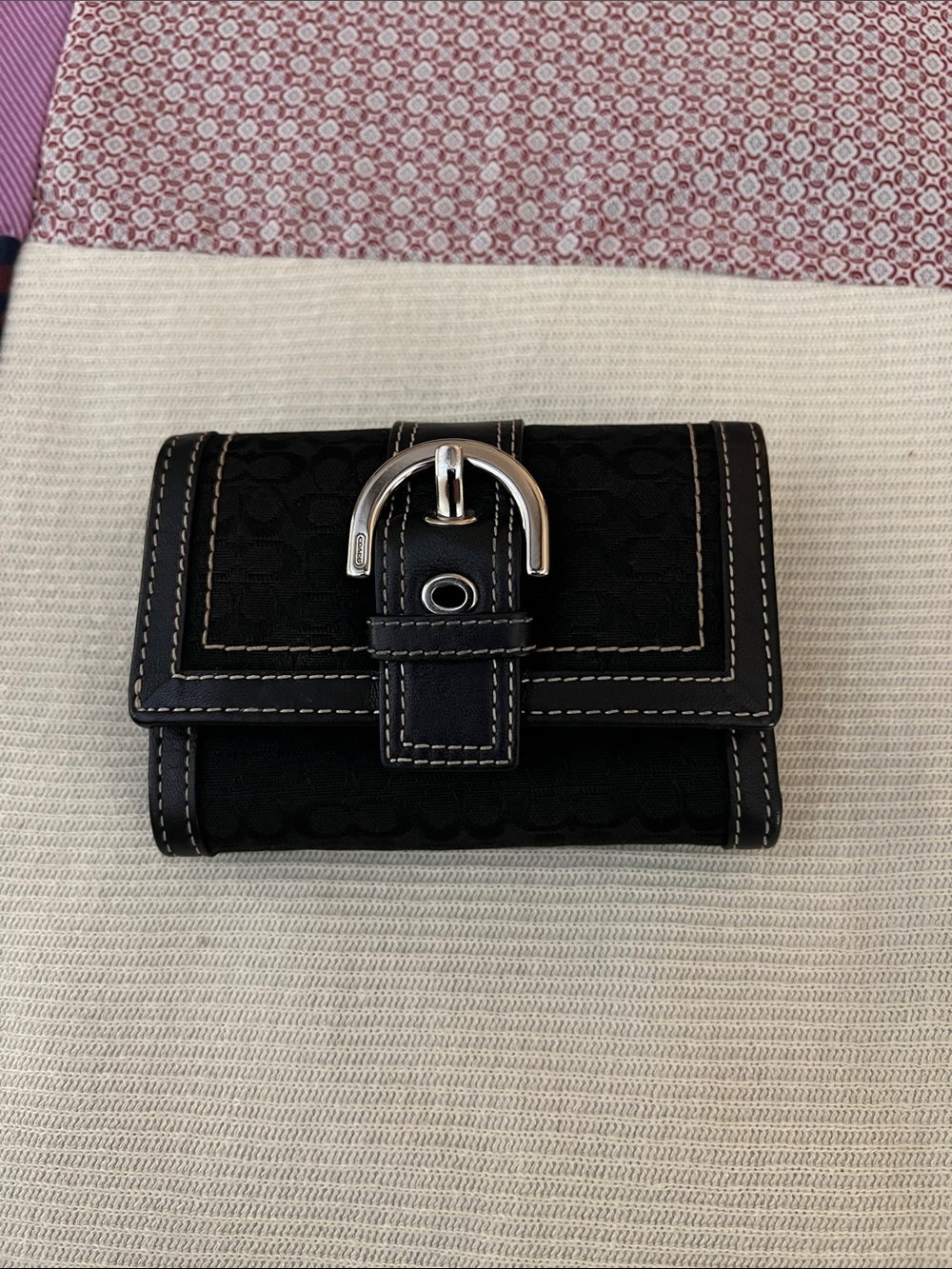 Vintage Coach Black Signature Canvas Wallet with Silver Buckle Accent